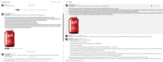 Recorded agent thread building a Premium A+ page for a live product. The product can is visible in the conversation while the agent drafts the page.